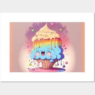 Cake Caricature - January 1st - Yearlong Psychedelic Cute Cakes Collection - Birthday Party - Delicious Dripping Paint, Bright Colors, and Big Adorable Smiles Posters and Art